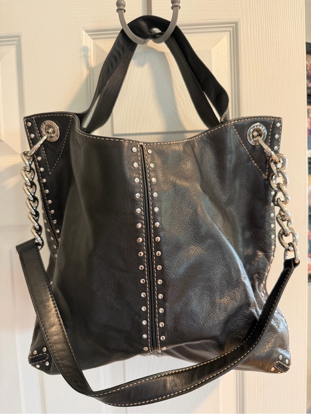Michael Kors Black Leather Studded Shoulder Bag with Silver Chain